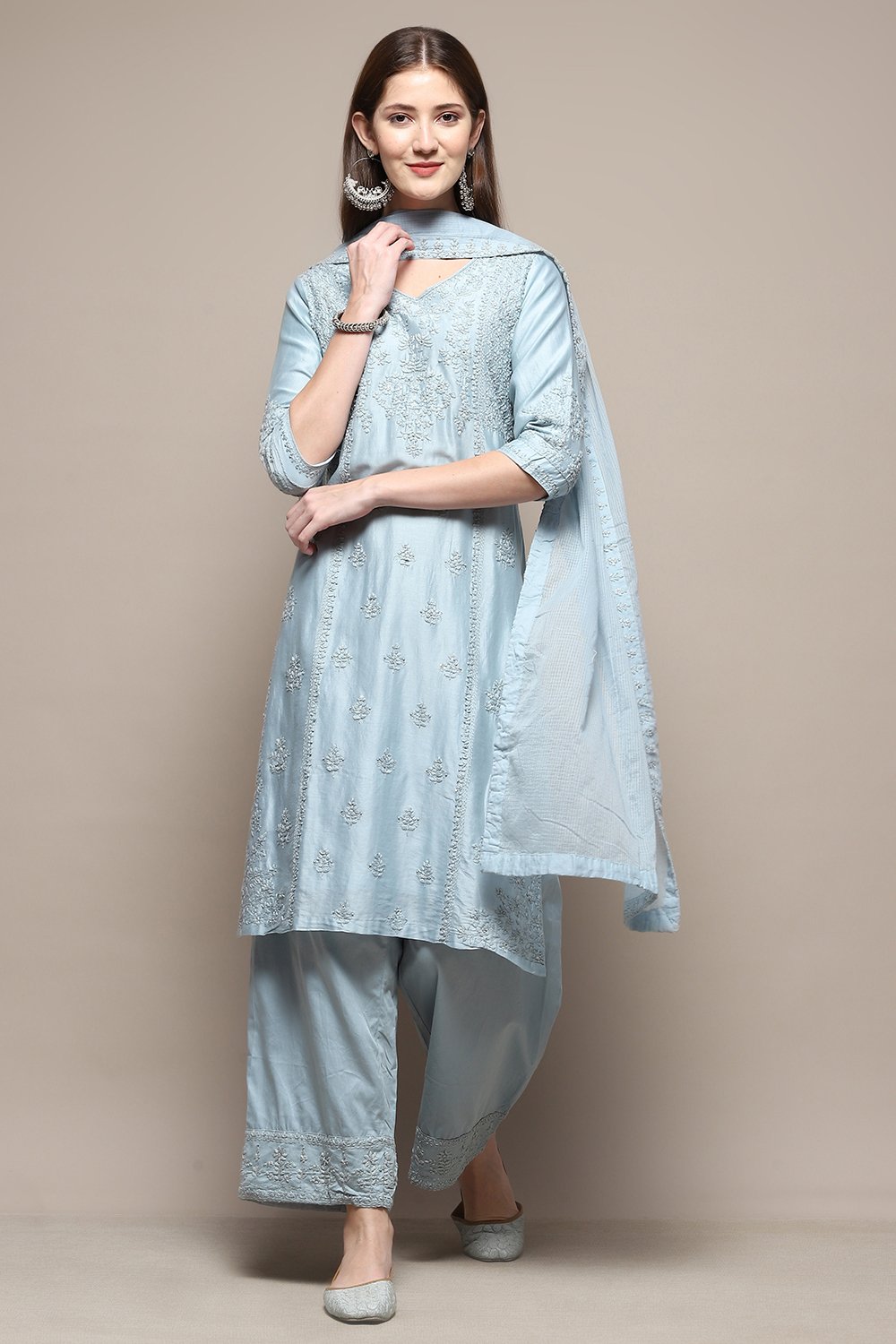 Ice Blue Embroidered Kurta & Palazzo Suit Set image number 0