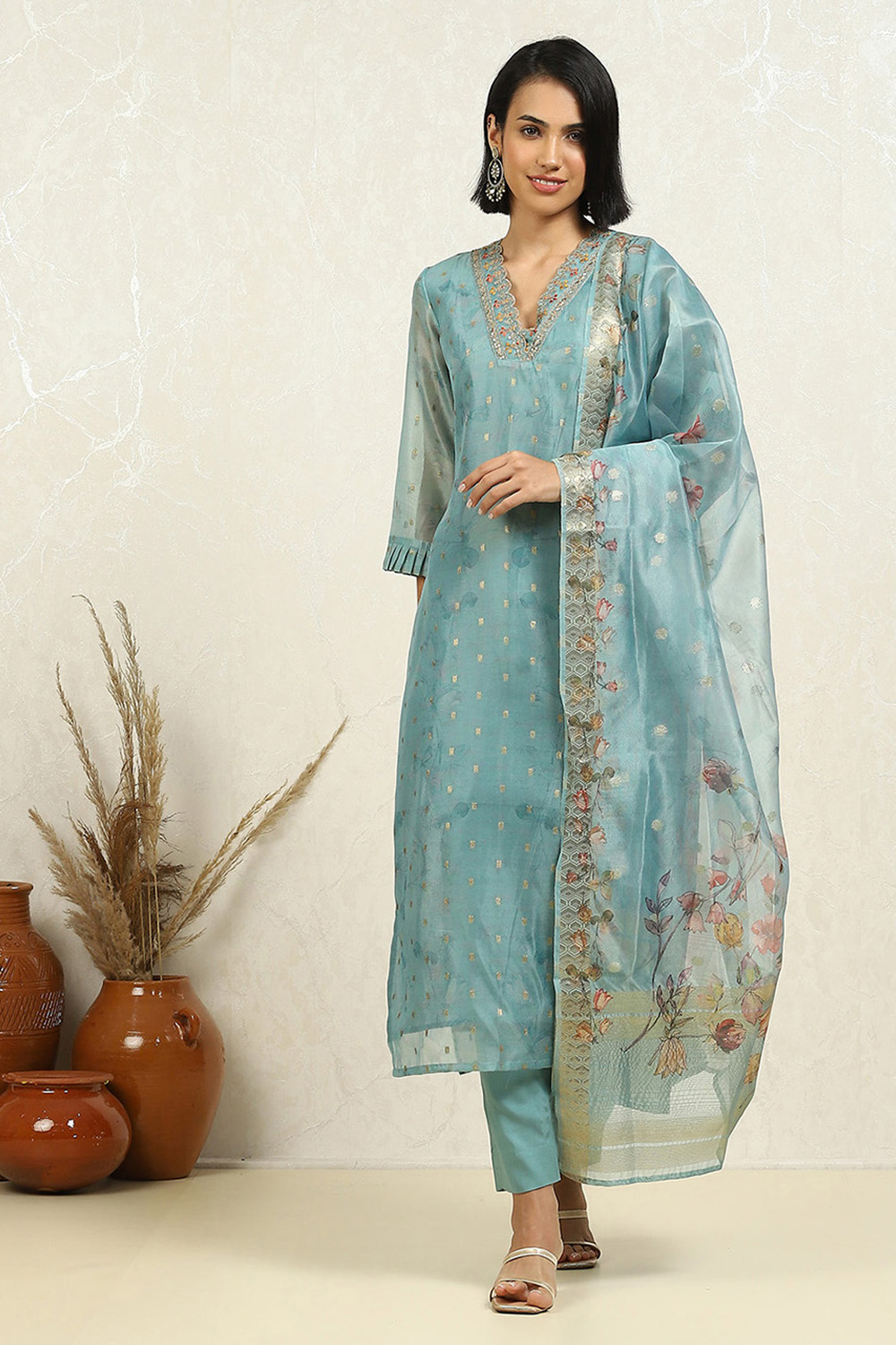 Blue Silk Blend Hand Embroidered Unstitched Suit Set image number 7