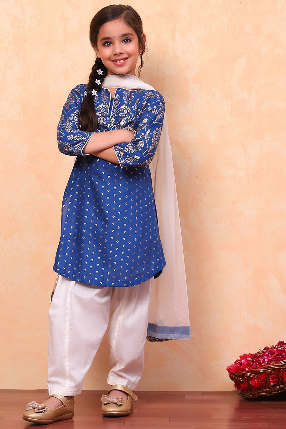 Blue and White Cotton Printed Straight Suit Set image number 0