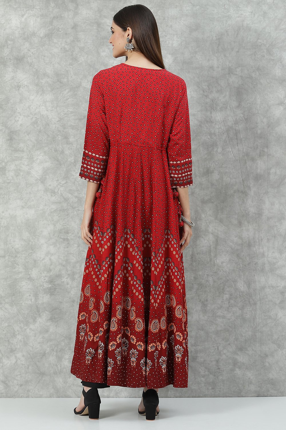 Red Rayon Flared Printed Kurta image number 5