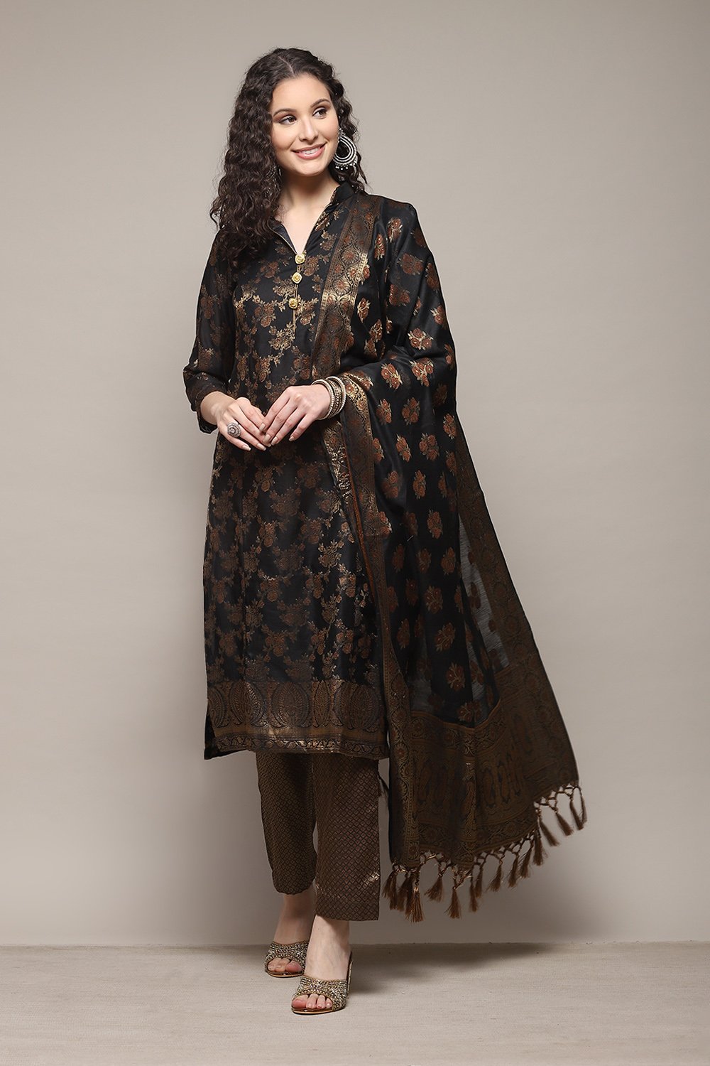 Black Silk Blend Woven Unstitched Suit Set image number 1