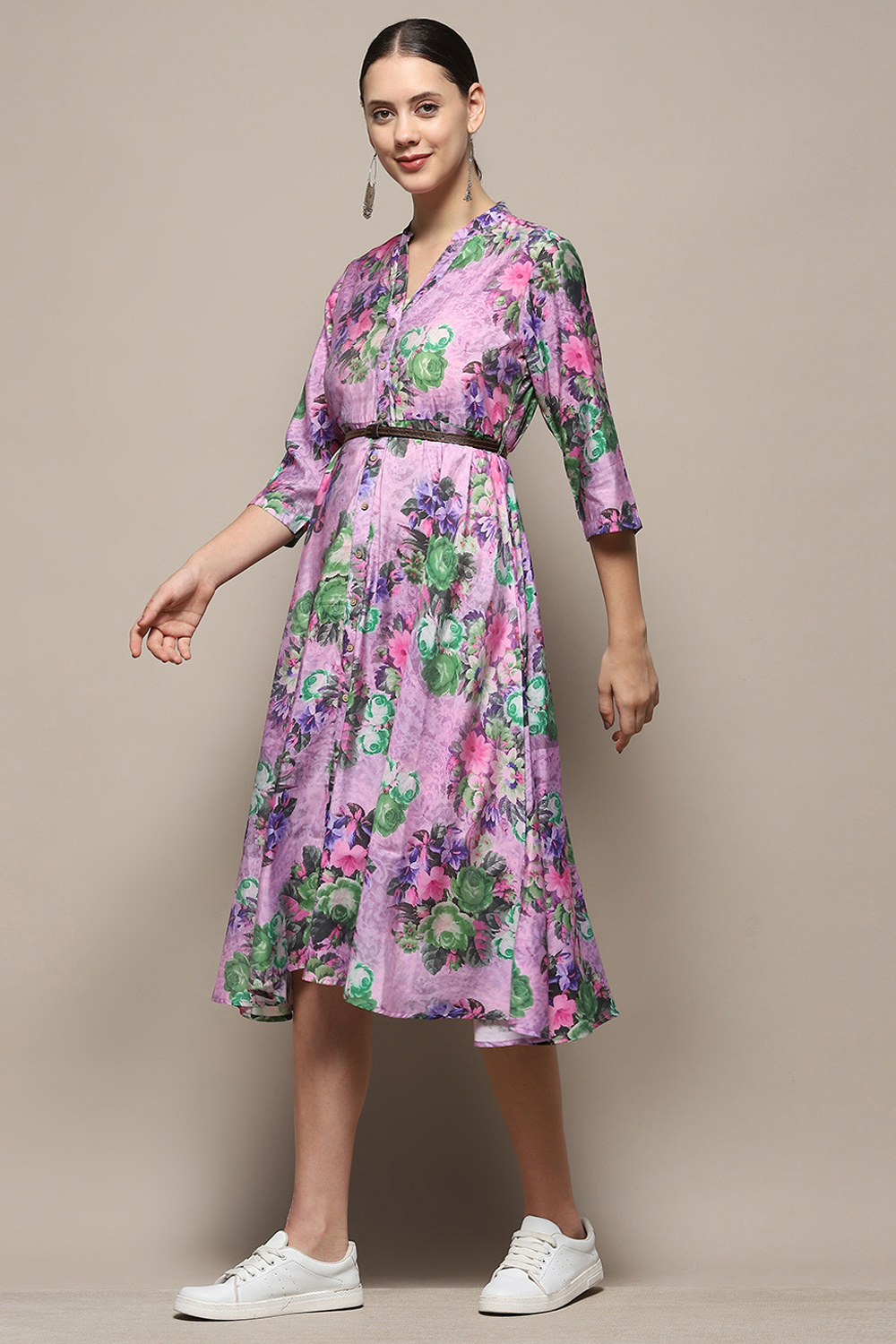 Purple Floral Block Printed A-line Dress image number 3