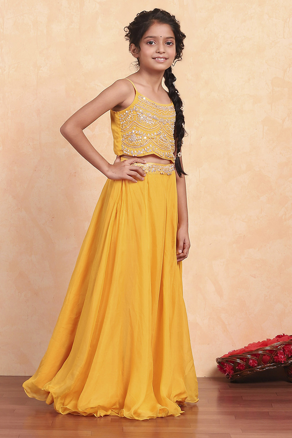 Ochre Viscose Blend Short Straight Lehenga Set image number 6