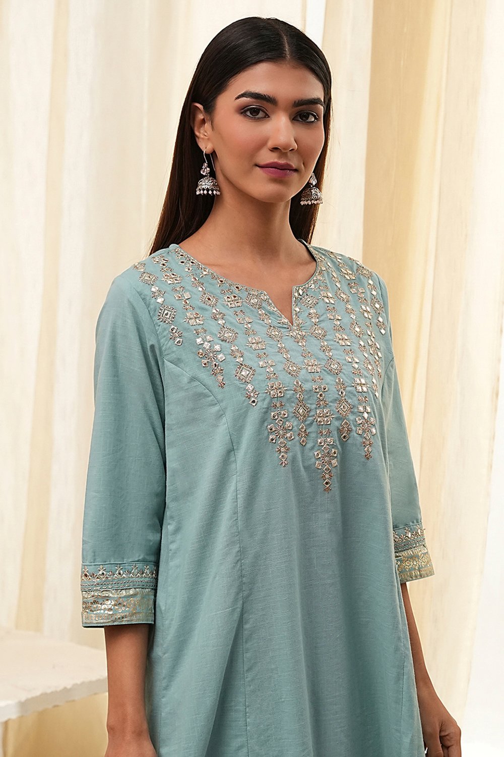 Dull Blue Cotton Kalidar Suit Set image number 1