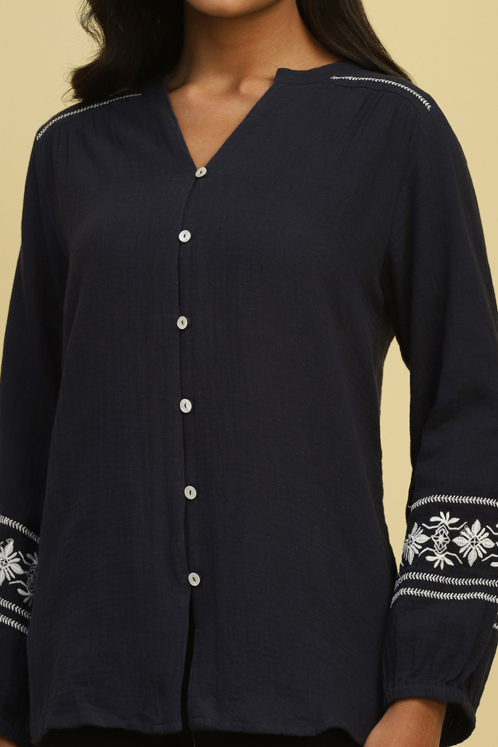 Navy Blue Cotton Solid Straight Top image number 1