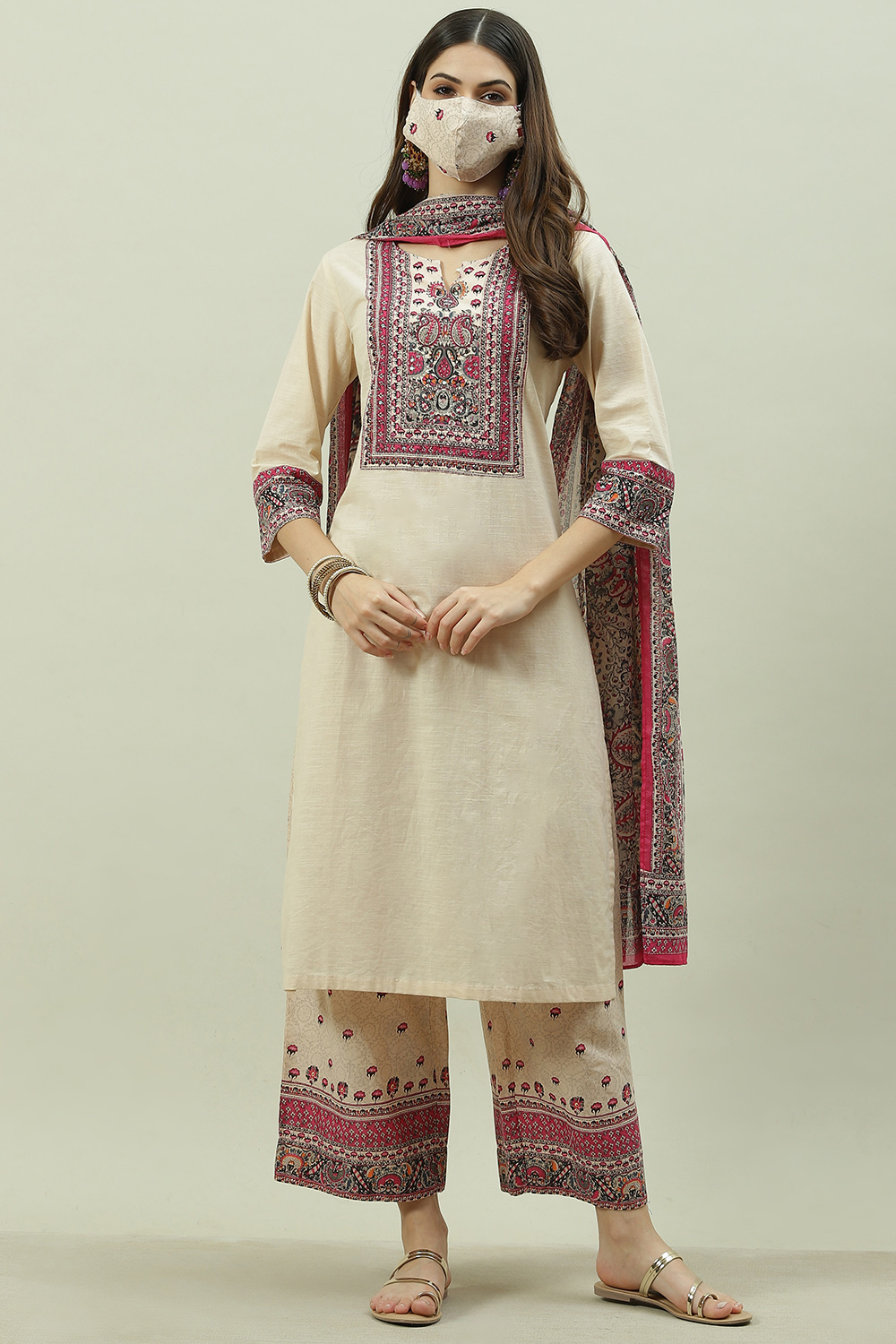 Red Cotton Straight Kurta Palazzo Suit Set image number 7