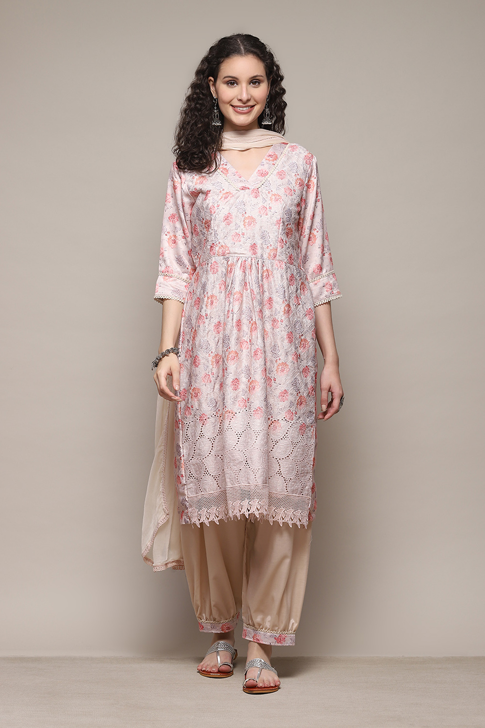 Beige Cotton Printed Unstitched Suit Set image number 8