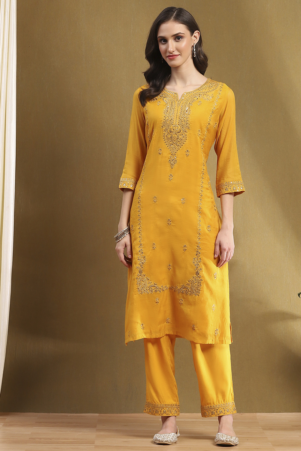 Yellow Polyester Blend A Line Suit Set image number 6