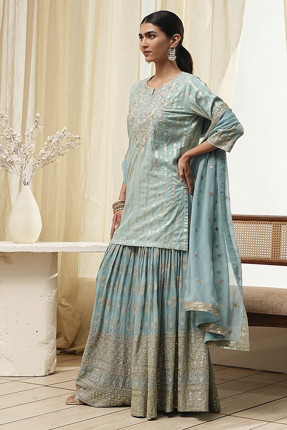 Powder Blue Embroidered Straight Suit Set image number 4