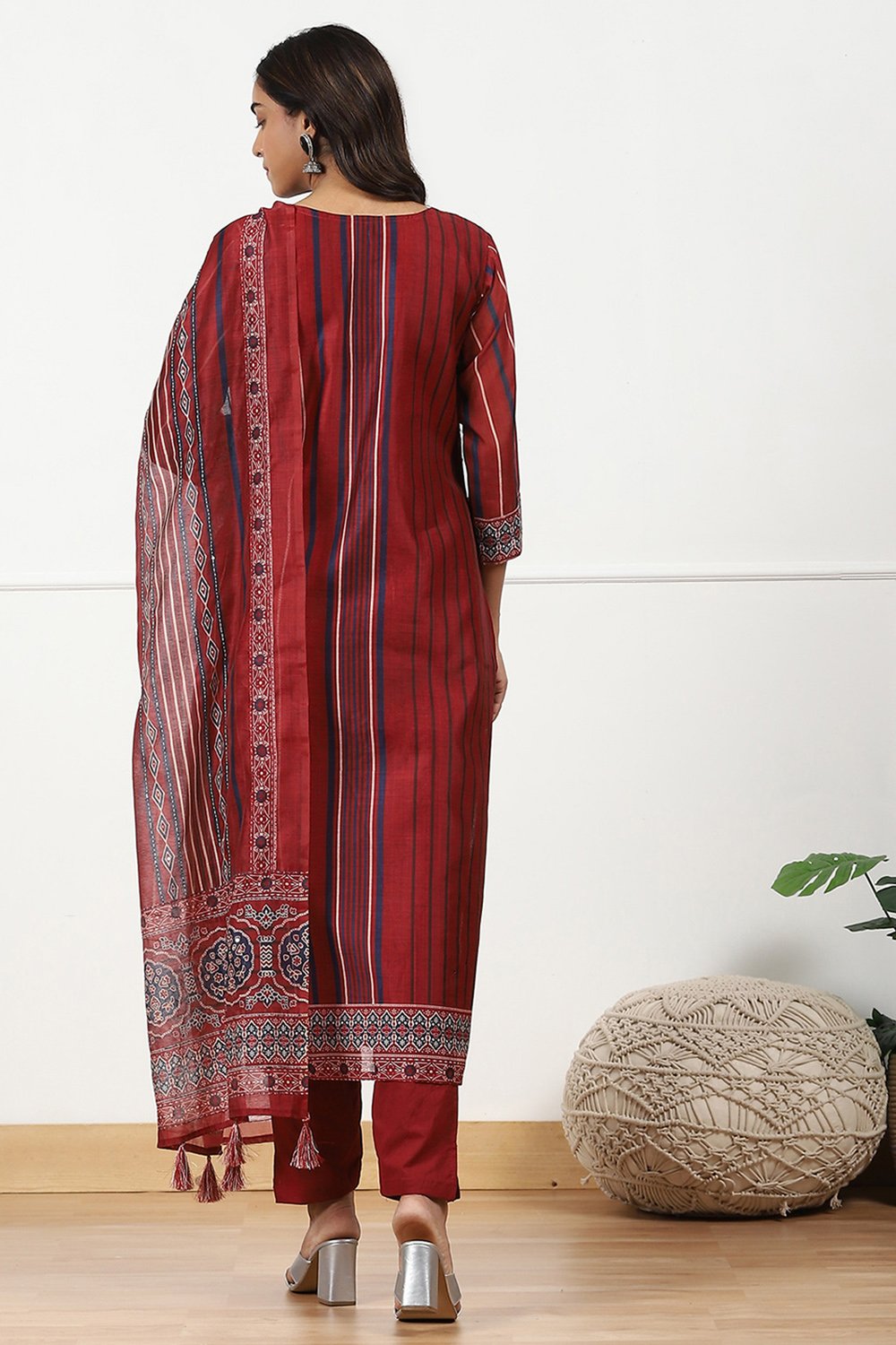 Maroon Chanderi Printed  Embroidered Unstitched Suit Set image number 6