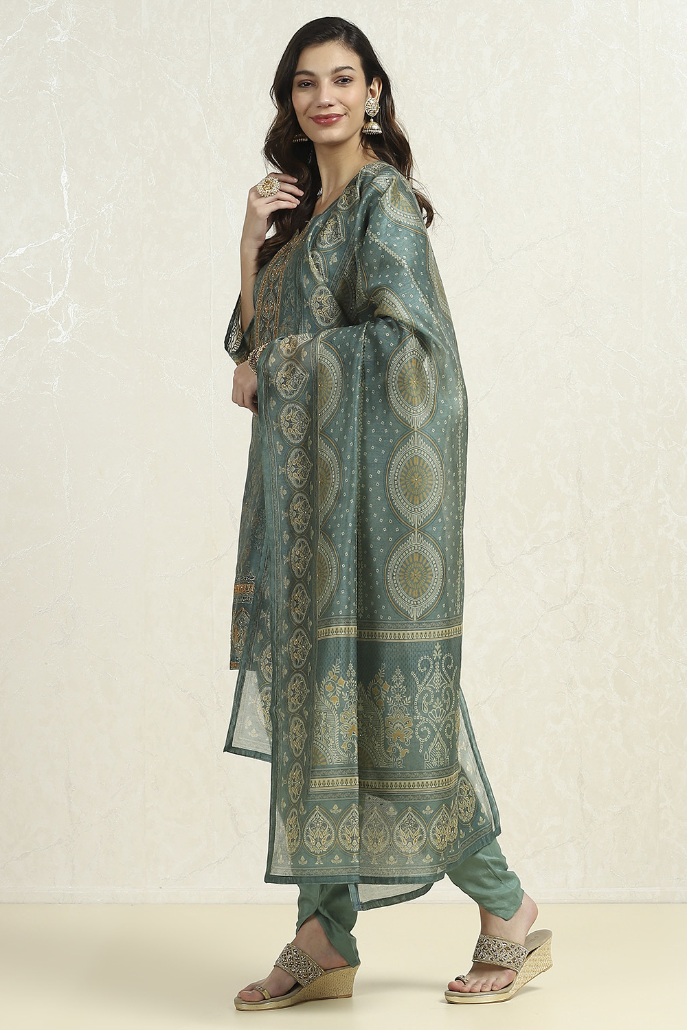 Grey Chanderi Printed Unstitched Suit Set image number 4