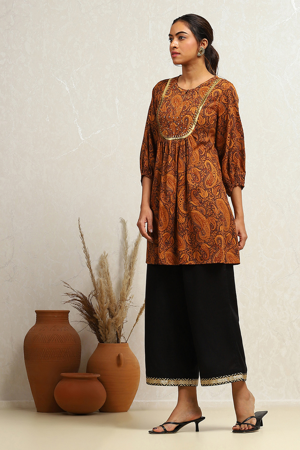 Mustard Yellow Cotton Paisley Printed A-line Kurti image number 2