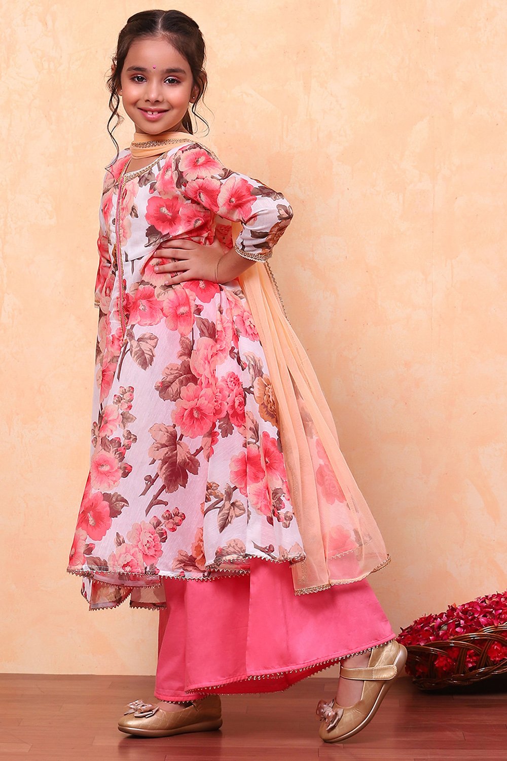 White and Pink Floral Printed Flared Festive Suit Set image number 5