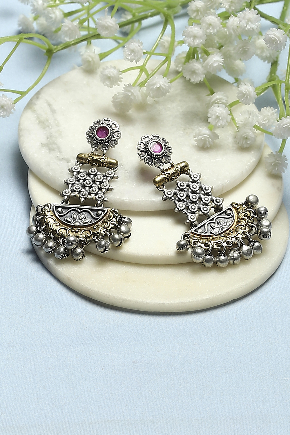 Pink Stone Studded Oxidised Danglers image number 0