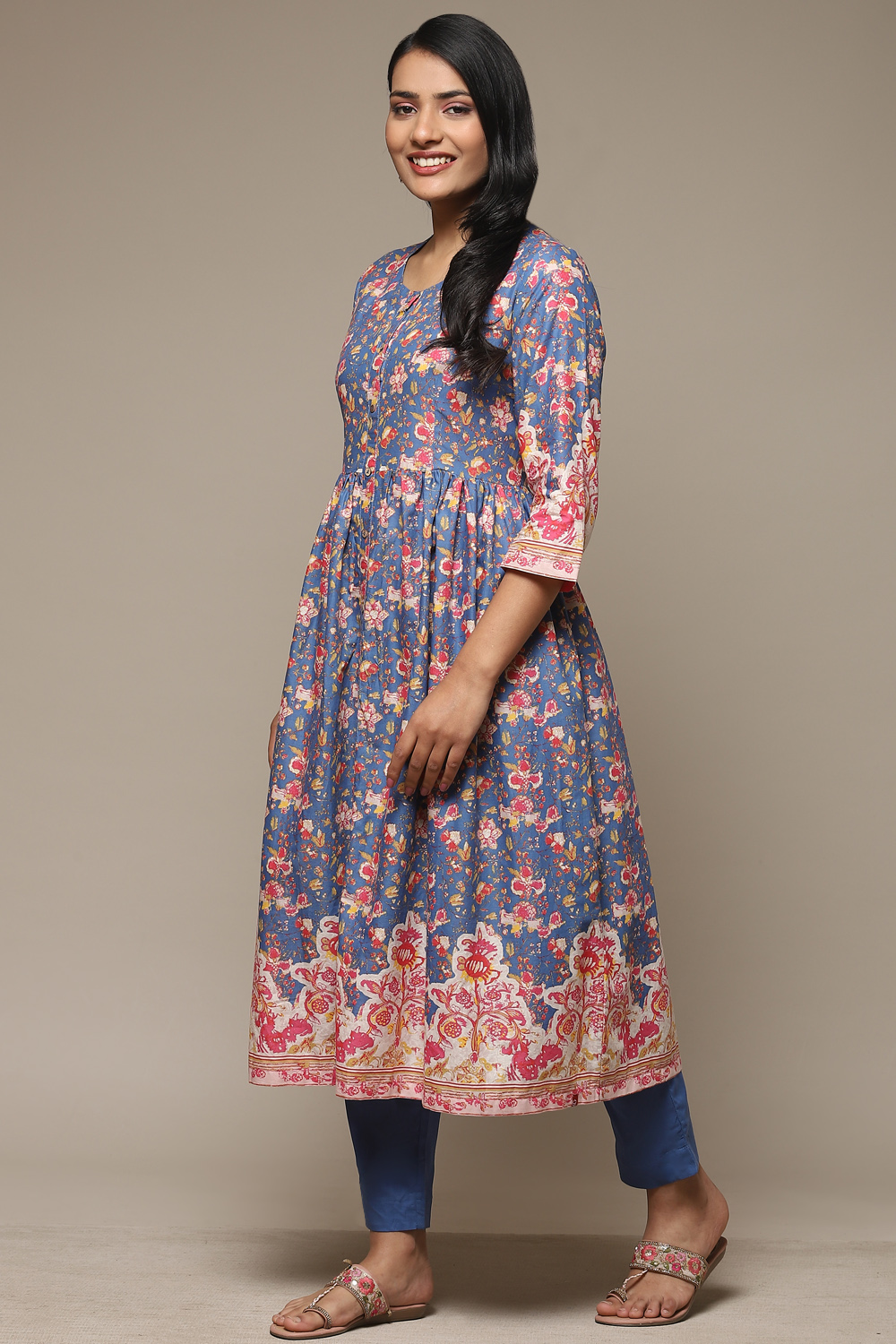 Buy Blue Cotton Gathered Kurta Pant 2 Piece Set for INR2099.30 |Biba India