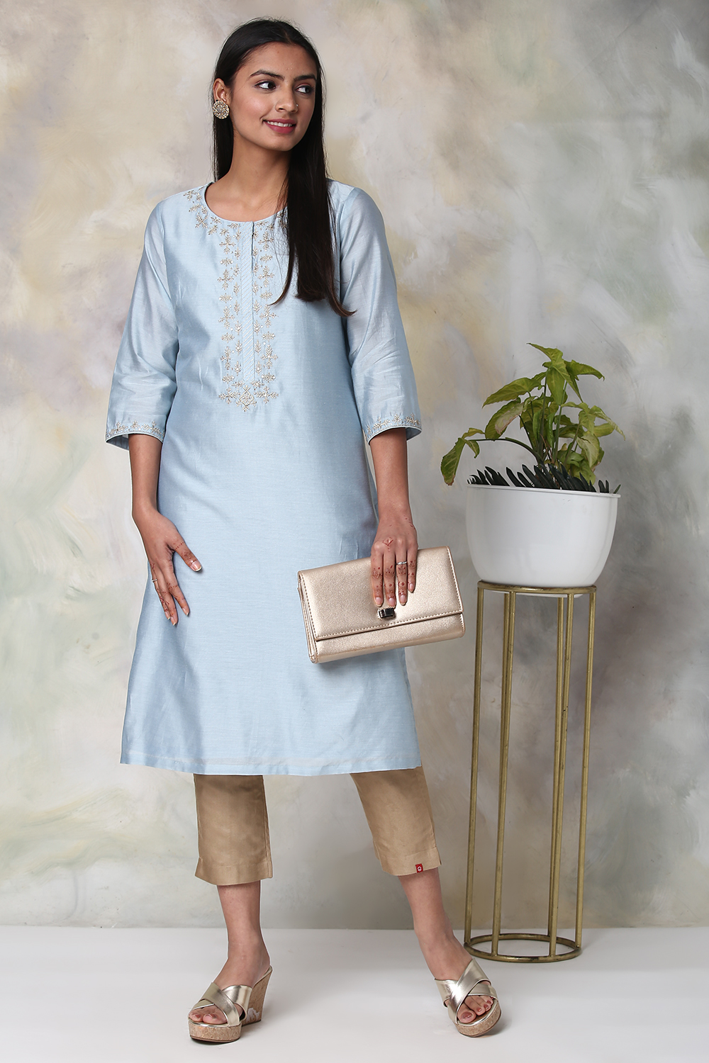 Sky Blue Cotton Silk Straight Yarndyed Kurta image number 4