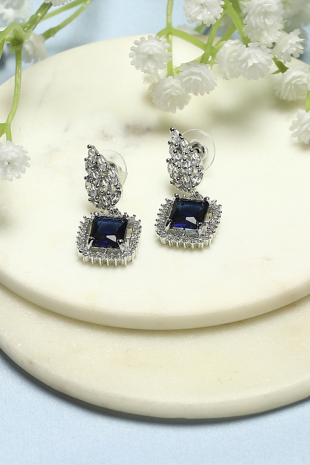 Navy and White Silver-Plated CZ Studded Danglers image number 0