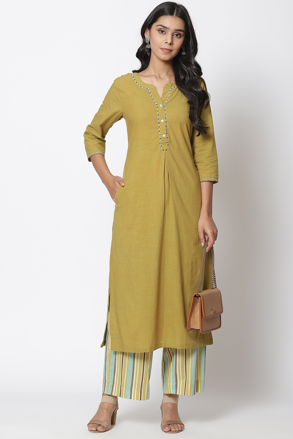 Olive Green Viscose Straight Kurta Palazzo Suit Set image number 6