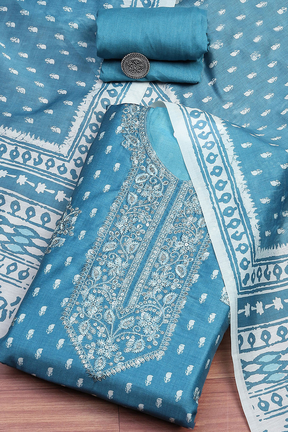 Blue Chanderi Floral Printed Unstitched Suit Set image number 0