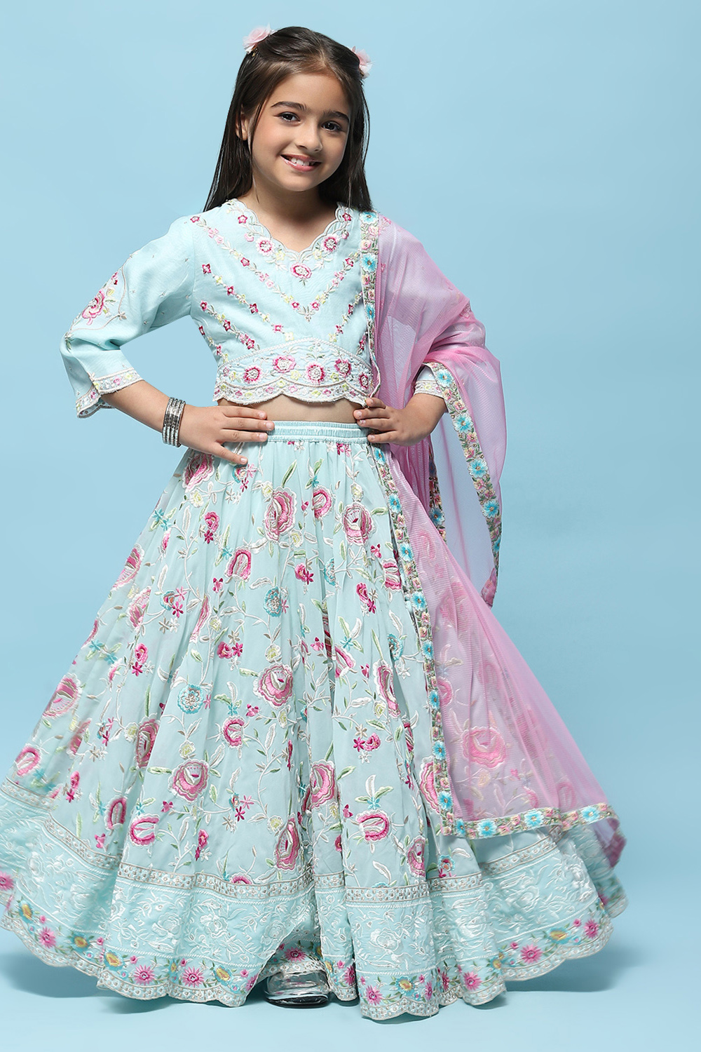 Aqua Chanderi Blouse With Georgette Lehenga & Net Dupatta  image number 0