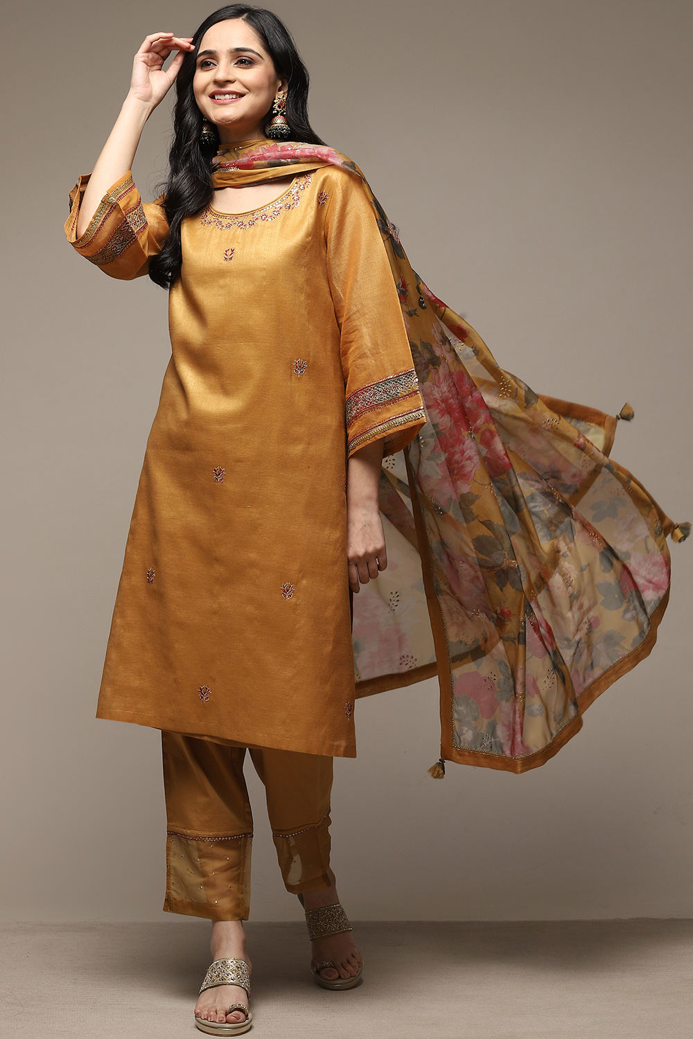 Mustard Art Silk Straight Kurta Slim Pants Suit Set image number 0