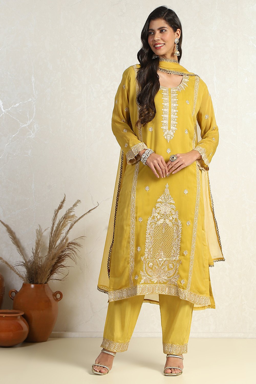 Mustard Organza Machine Embroidered Unstitched Suit Set image number 7