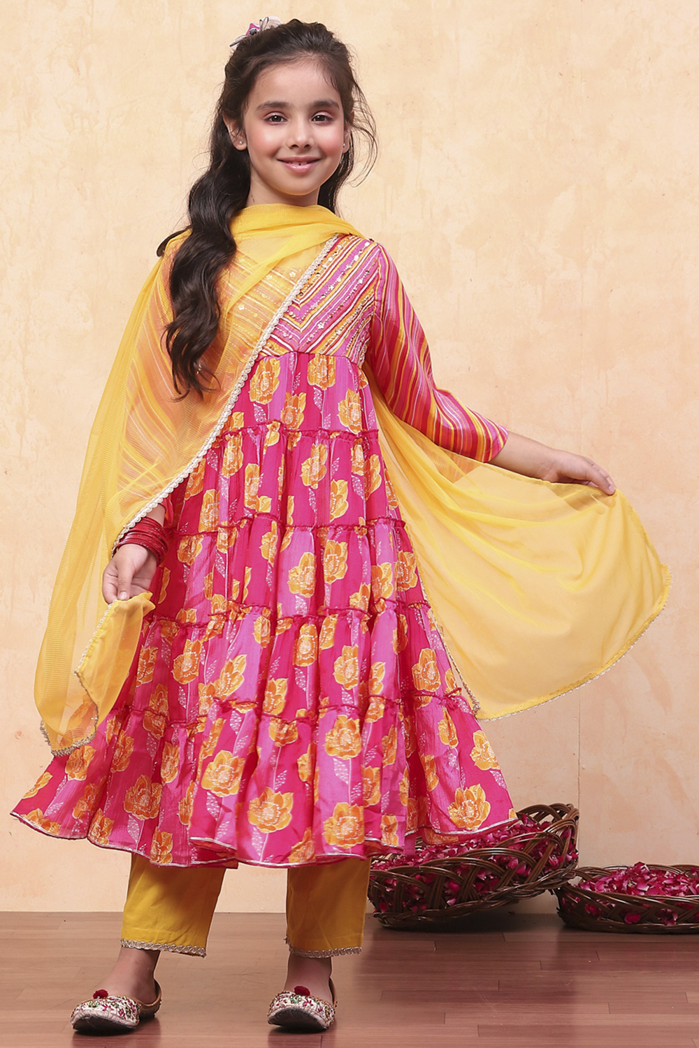 Pink and Yellow Floral Tiered Flared Festive Suit Set image number 0