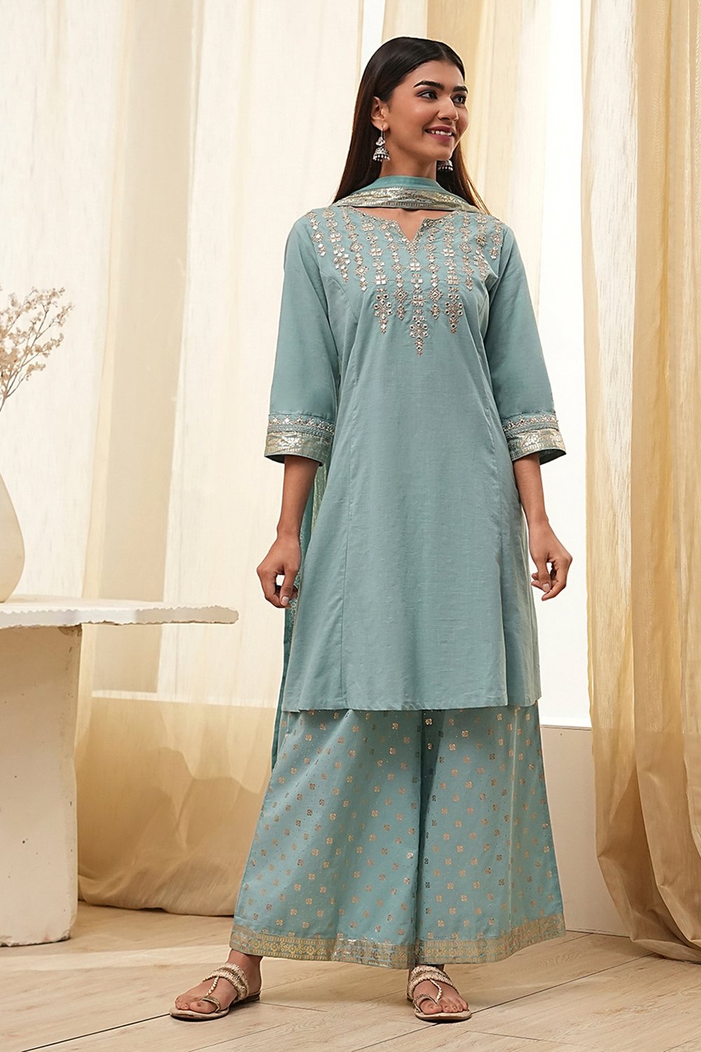 Dull Blue Cotton Kalidar Suit Set image number 6