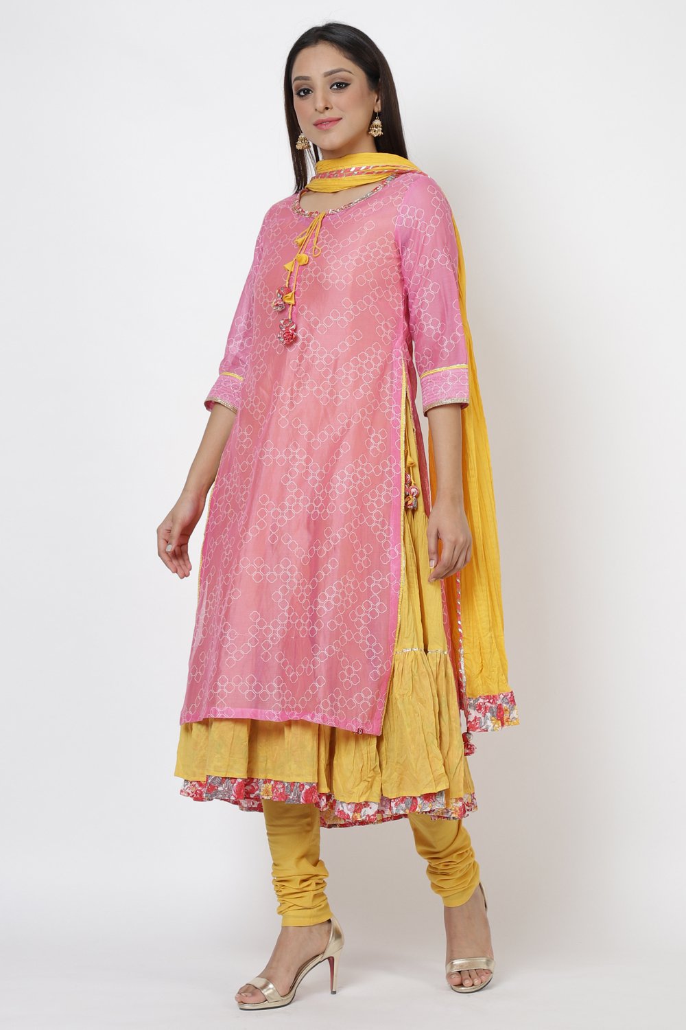 Pink Cotton A-Line Kurta Churidar Suit Set image number 3