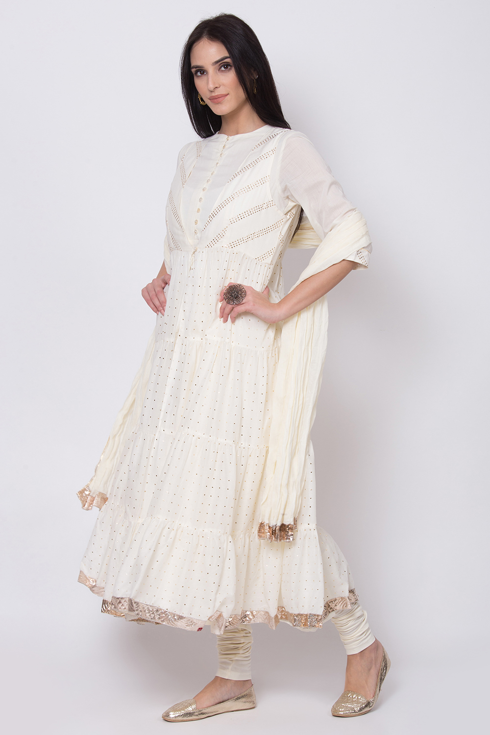 Off White Cotton Front Open Kurta Churidar Suit Set image number 2