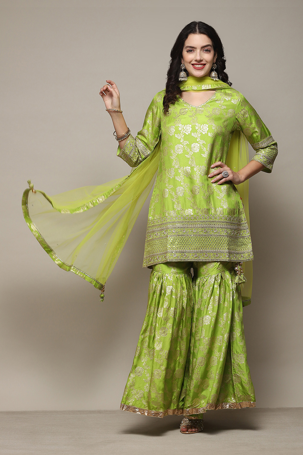 Lime Green Viscose Brocade Straight Kurta Palazzo Suit Set image number 7