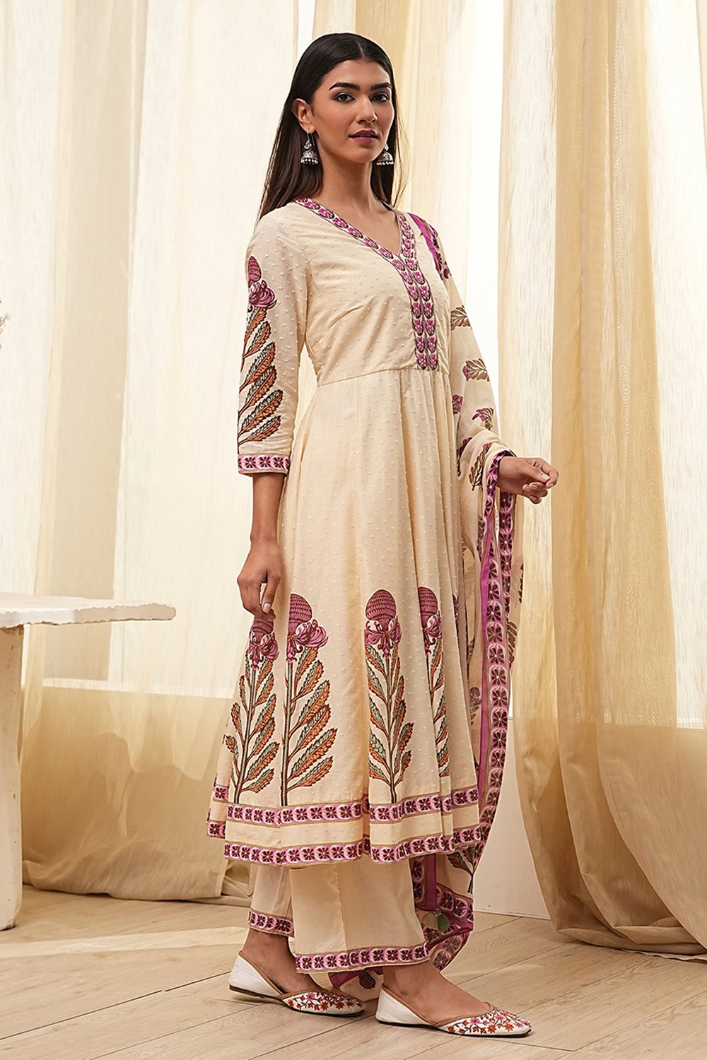 Beige Cotton Printed Anarkali Suit Set image number 5