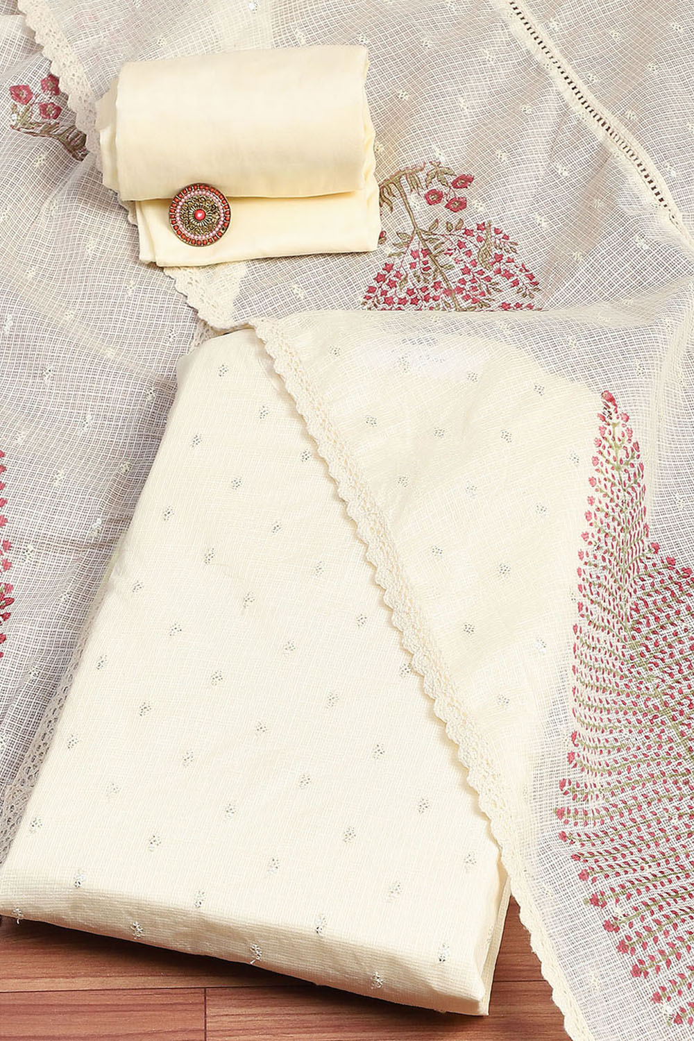 White Cotton Blend Hand Block Print Unstitched Suit Set image number 0