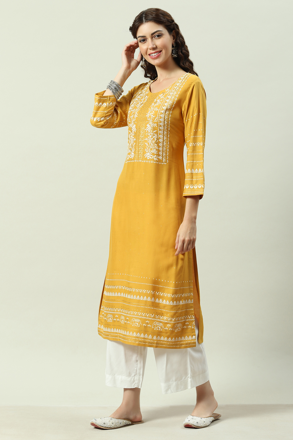 Mustard Printed Rayon Straight Kurta Palazzo Suit Set image number 3