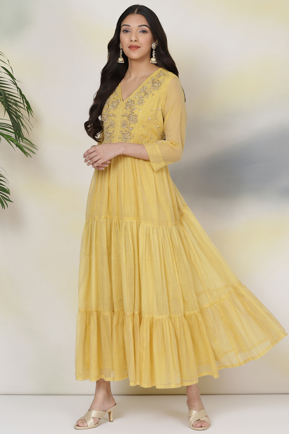 Mustard Poly Cotton Fusion Dress at Biba India