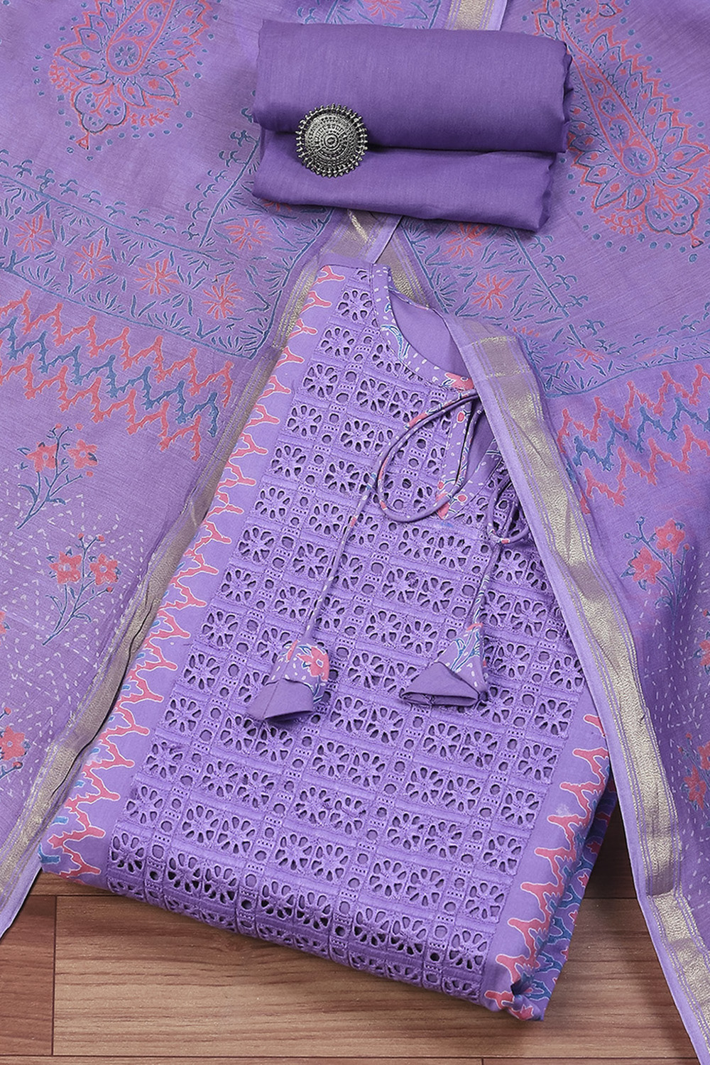 Purple Cotton Schiffly Unstitched Suit Set image number 0