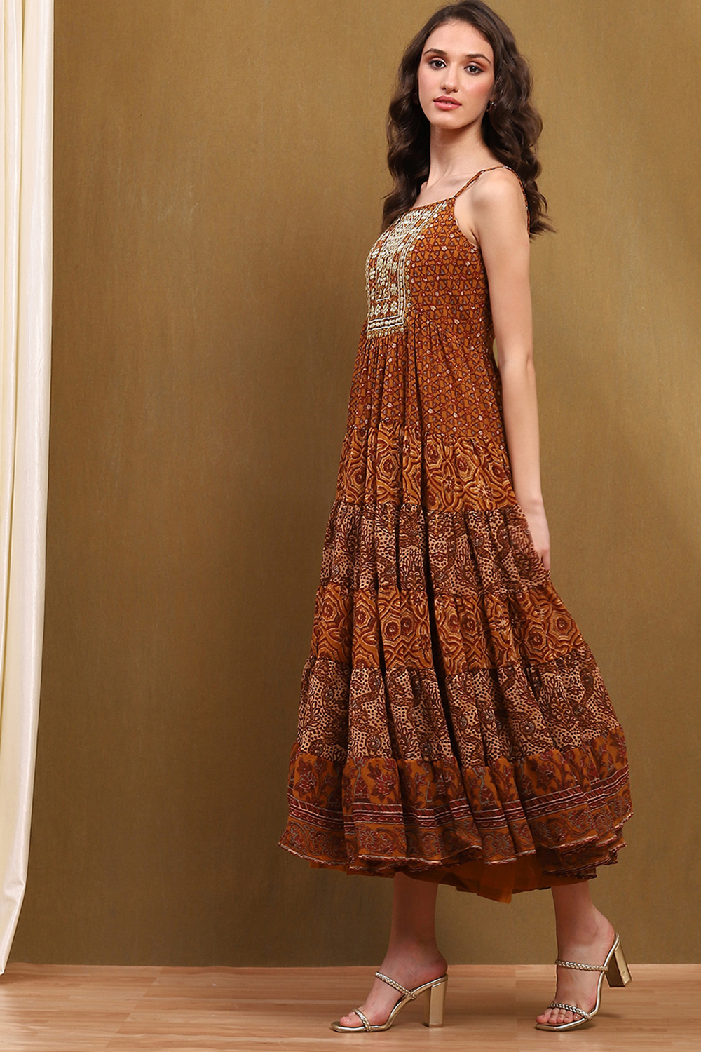 Beige Georgette Block Printed Strappy Flared Tiered Dress image number 2