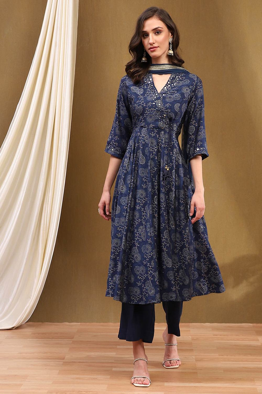 Navy Blue Printed Angrakha Style Anarkali Suit Set image number 0