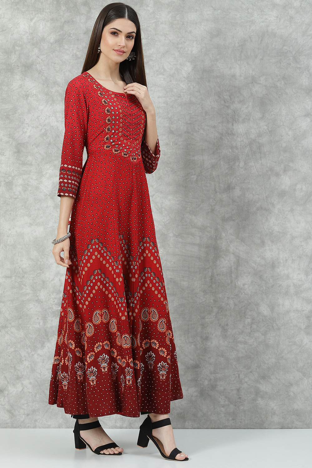 Red Rayon Flared Printed Kurta image number 3