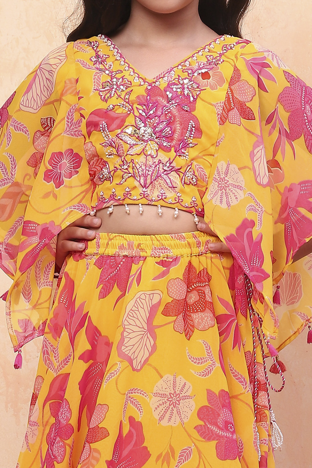 Yellow and Pink Georgette Floral Flared Lehenga Set image number 1