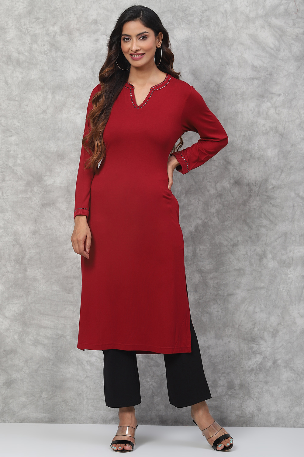 Maroon Straight Poly Span Kurta image number 5