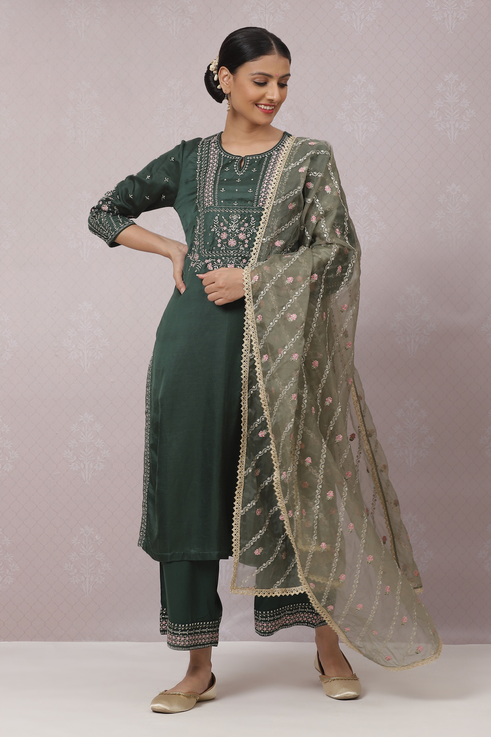 Dark Green Viscose Straight Kurta Palazzo Suit Set image number 4