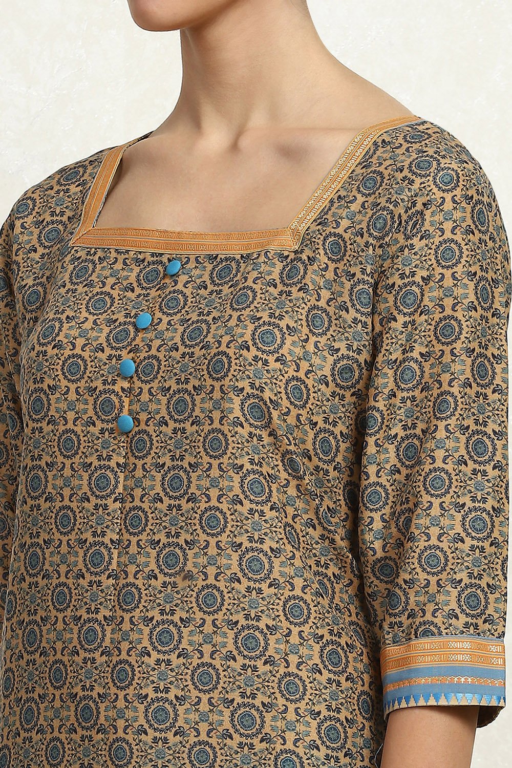 Blue and Beige Cotton Handloom Unstitched Suit Set image number 2