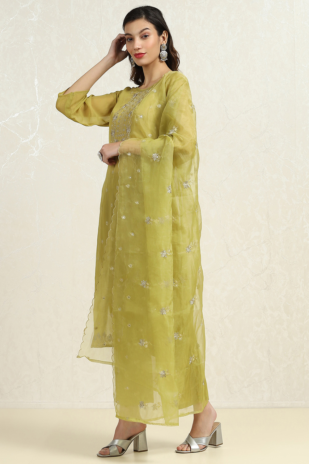 Dull Yellow Organza Machine Embroidered Unstitched Suit Set image number 2