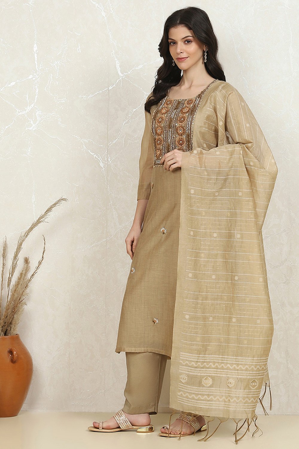 Beige Cotton Hand Embroidered Unstitched Suit Set image number 4