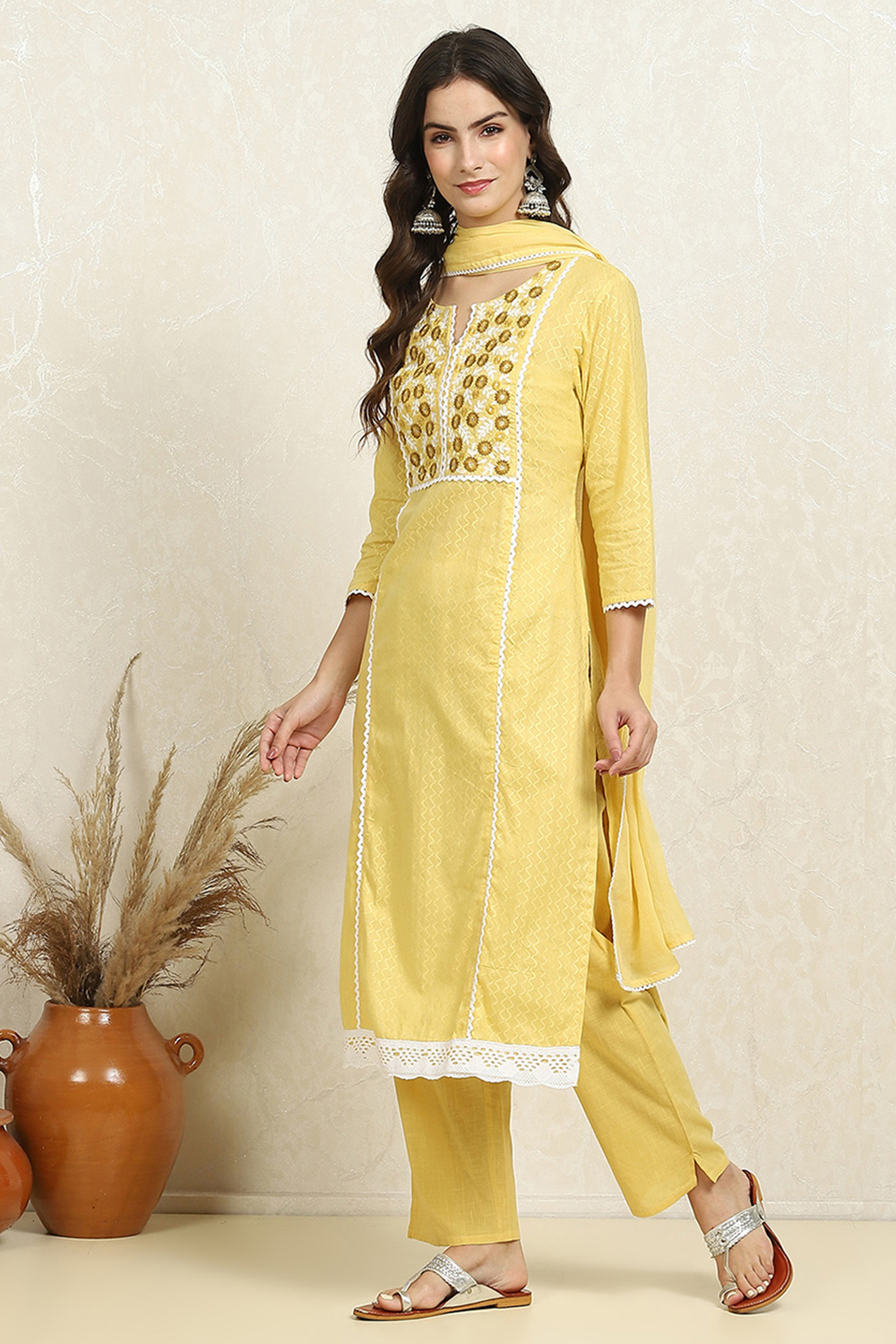 Yellow Cotton Handloom Unstitched Suit Set image number 4