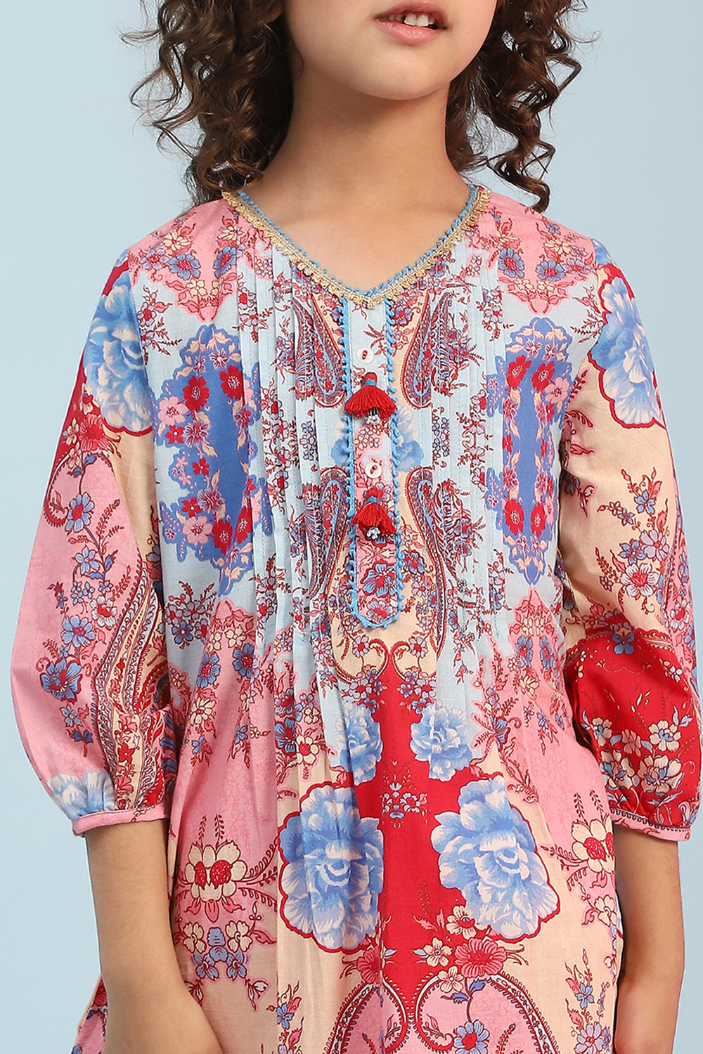 Pink and Blue Cotton Printed A-Line Kurta Set image number 1