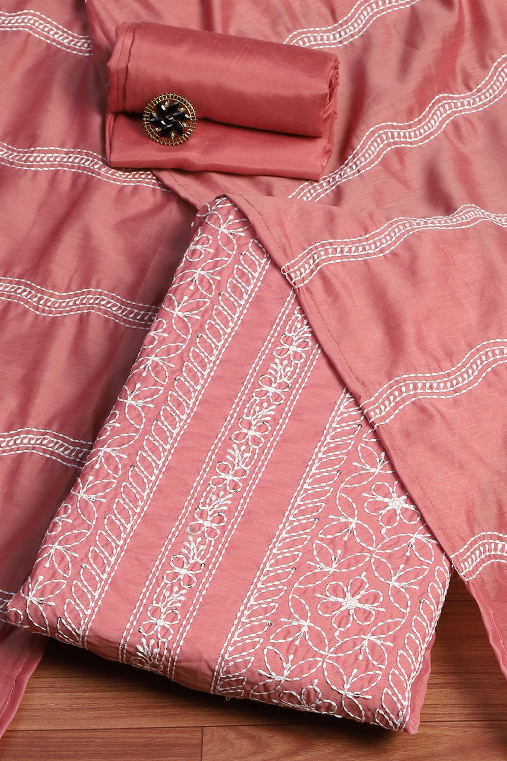 Pink Chanderi Machine Embroidered Unstitched Suit Set image number 0