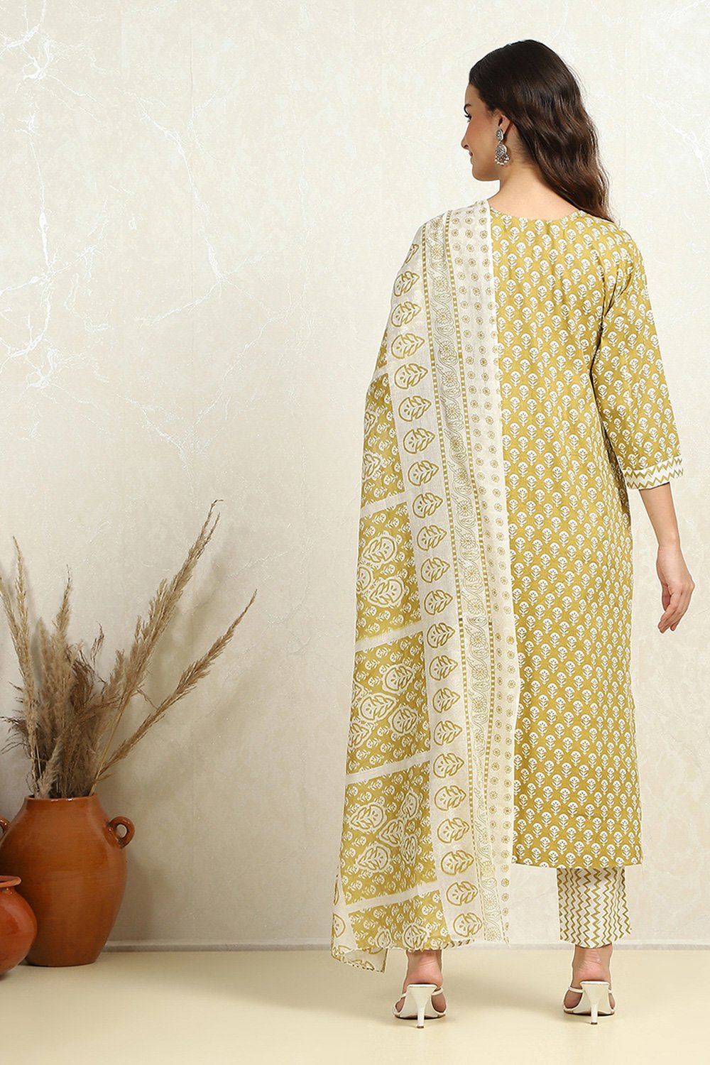 Green and White Cotton Printed Unstitched Suit Set  image number 4