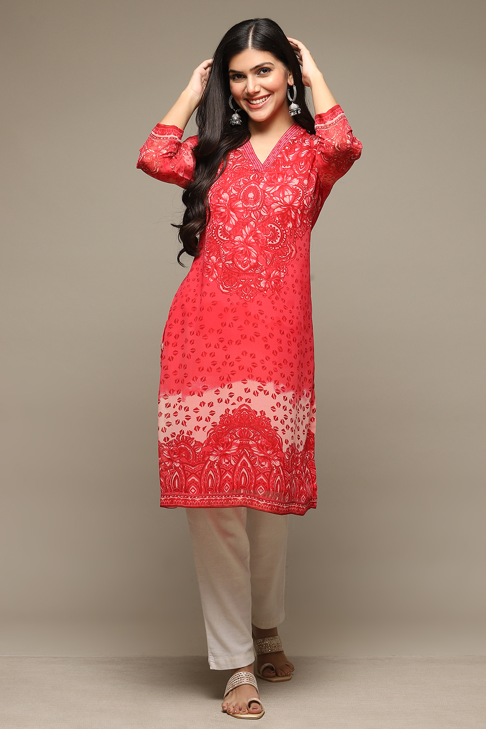 Red Cotton Blend Straight Printed Kurta image number 5